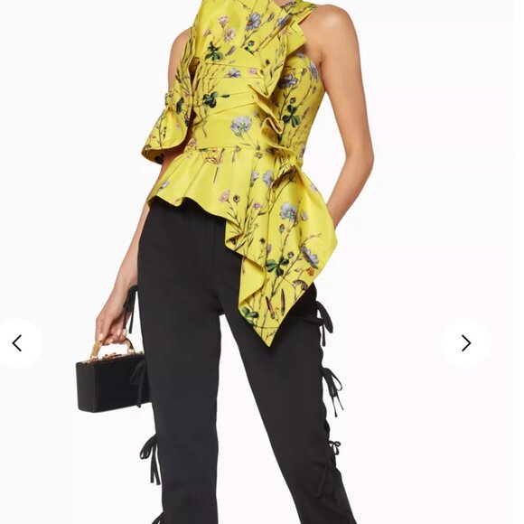 Self Portrait Size 6 Yellow Floral Printed Asymmetric Ruffled Top - Picture 4 of 6